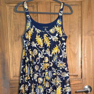 Nina Leonard Navy Floral Print Lace Overlay Handkerchief Hem Sun Dress. Size Med